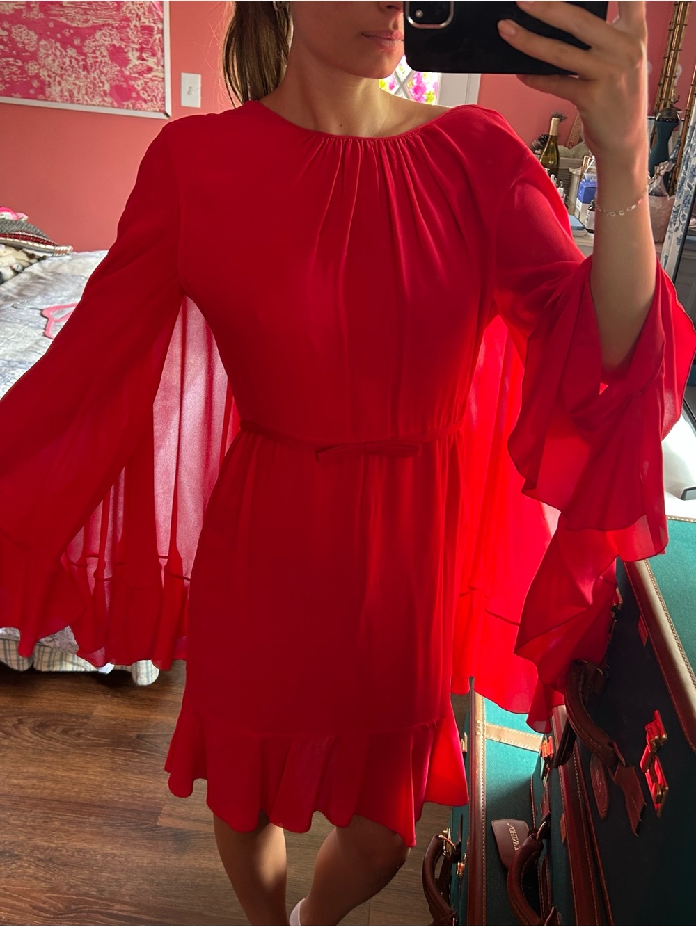 Red Ruffle-Sleeve Mini Dress with Cinched Waist
